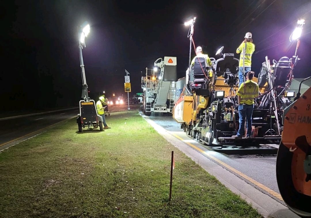 VLJ Construction night paving crew working under lights